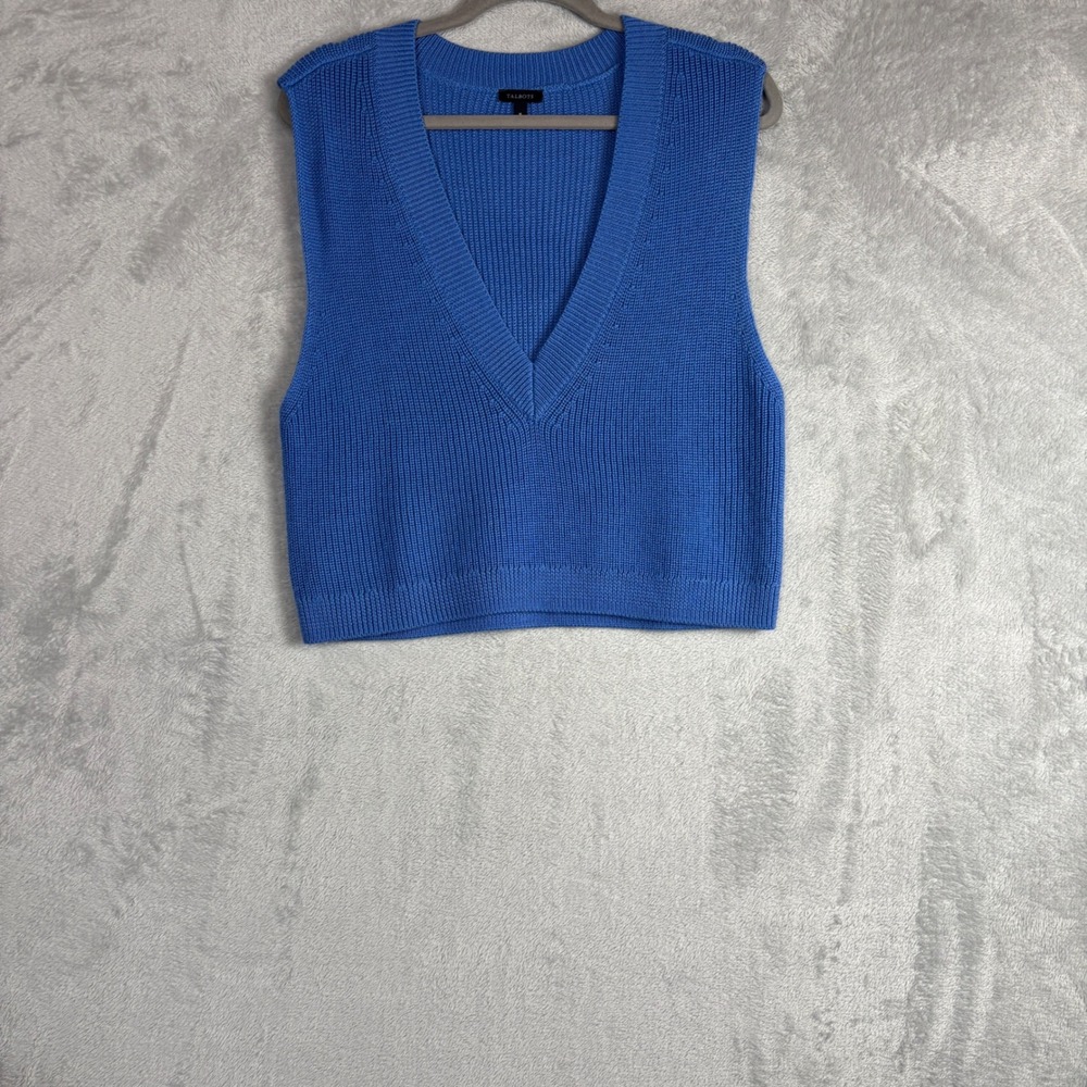 Talbots Sweater Vest V-Neck Shaker Stitch Knit Medium Blue Wool Blend Sleeveless